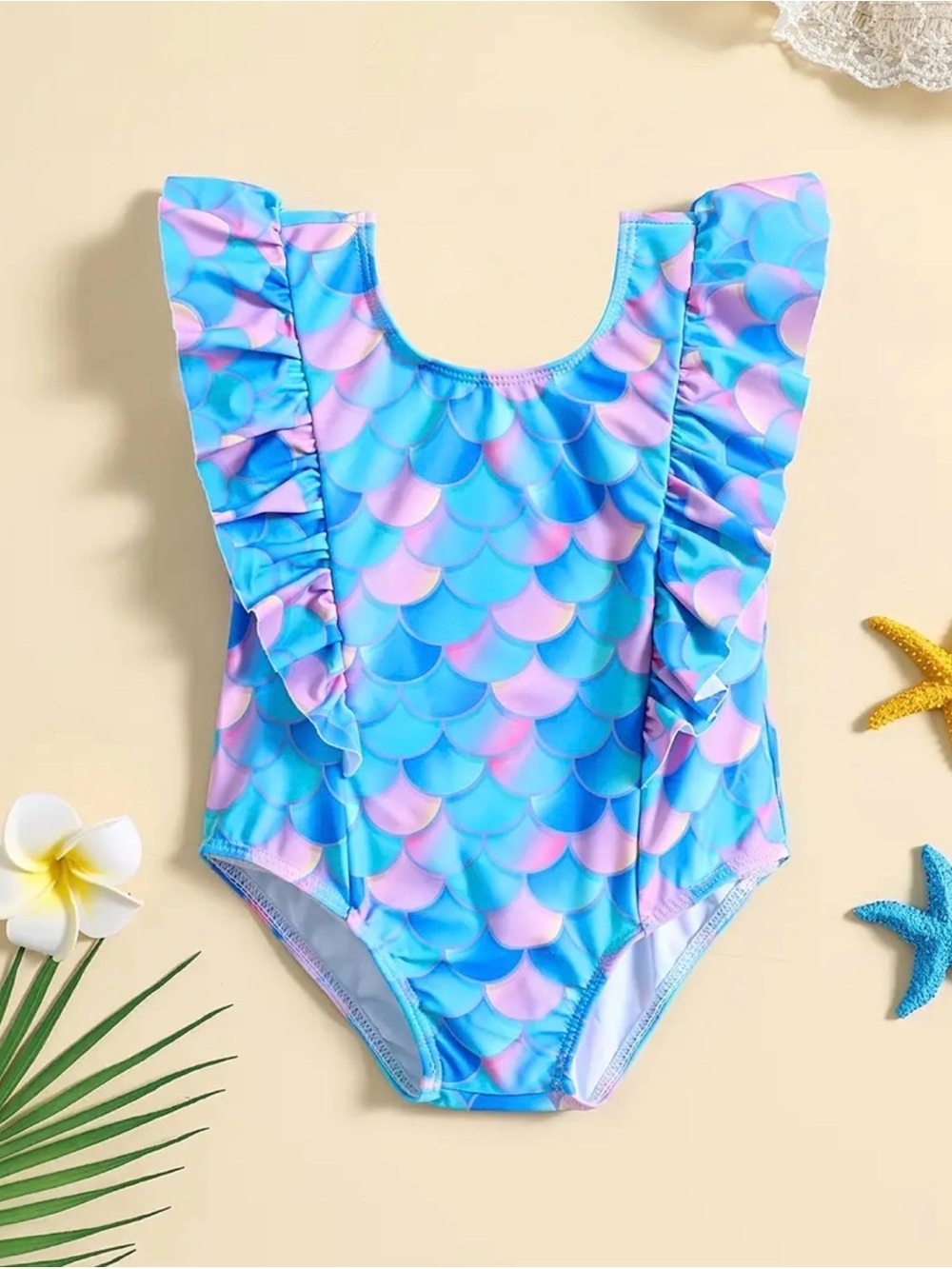 SHEIN Blue Pink Mermaid Ruffle One-Piece Swimsuit for Kids size 9/12 months